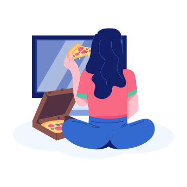 TV seyreden ve pizza yiyen kız, düz çizim. 