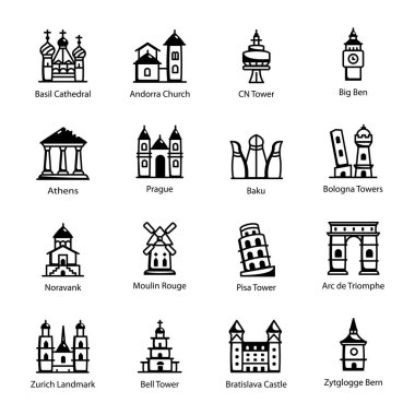Landmark Doodle Simgelerinin Koleksiyonu 
