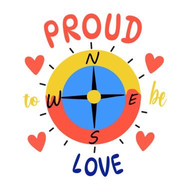 A flat sticker featuring a compass with the text proud love  clipart