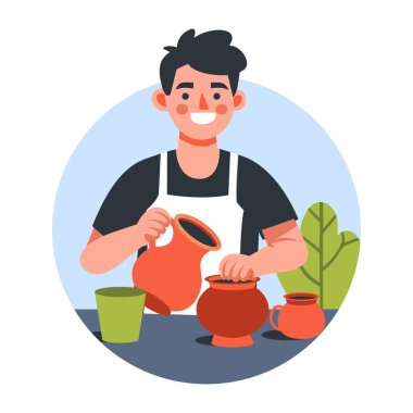 Geleneksel çömleklerde içki yapan Meksikalı baristanın düz bir çizimi. 