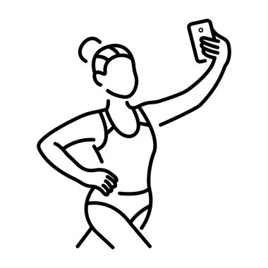 Bir kadın sporcu cep telefonuyla selfie çekiyor, ikon tarzı. 