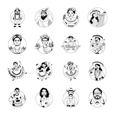 Set of Glyph Style Mexican Cultural Characters Illustrations  clipart