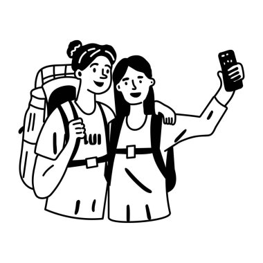 Seyahat arkadaşları yürüyüş macerası sırasında selfie çekiyorlar, kabartma yapıştırması. 