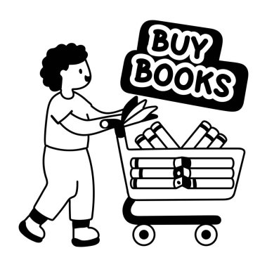 Kitapçıdan kitap alan bibliyofil bir karakterin kabartma etiketi 