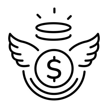 Bir meleğin finansmanını gösteren kanatlı bir madeni paranın doğrusal simgesi 