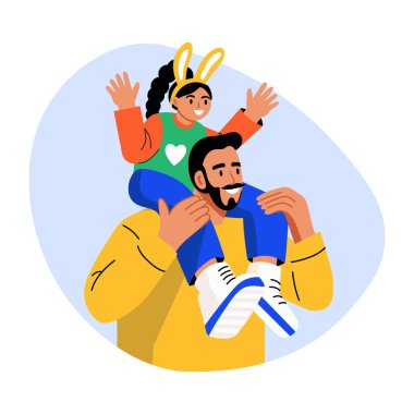Baba kızı Paskalya 'da oynuyor, düz çizim. 