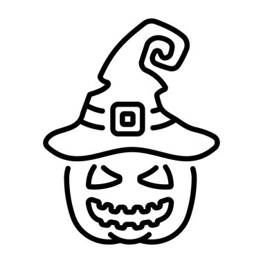 Cadı şapkası takan ürkütücü bir balkabağı, çizgi simgesi 