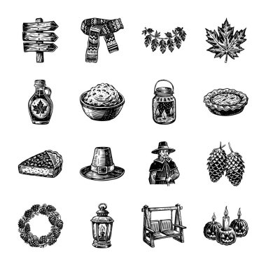 Şükran Günü Dekorasyon Koleksiyonu Vintage Illustrasyonları 
