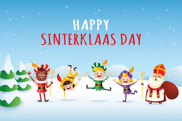 Feliz Lindo Sinterklaas San Nicolás Amigos Celebran Las Vacaciones Invierno — Vector de stock