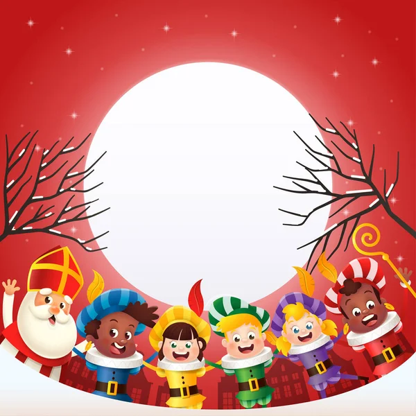Sinterklaas Nikolaus Und Freunde Feiern Feiertag Vor Dem Mond Winternachtshintergrund — Stockvektor