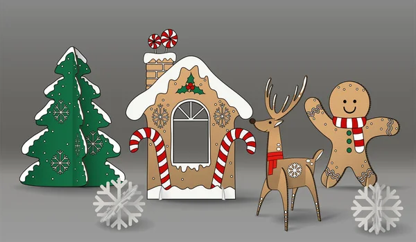 Weihnachten Niedliche Pappszene Rentiere Lebkuchen Schneeflocke Und Baum — Stockvektor