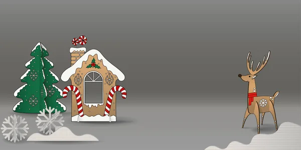 Navidad Linda Escena Cartón Renos Casa Jengibre Copo Nieve Árbol — Vector de stock
