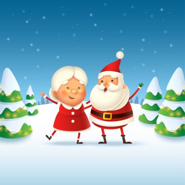 Mrs Claus and Santa Claus celebrate Christmas holidays - cute and happy vector illustration on winter landscape clipart