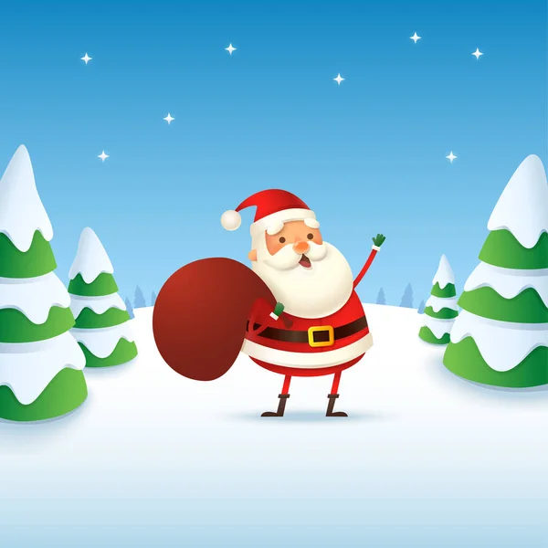 Papai Noel Bonito Feliz Com Presente Ilustração Vetor Paisagem Inverno —  Vetores de Stock