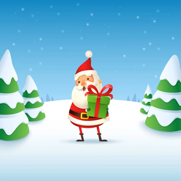 Leuke Vrolijke Kerstman Met Cadeau Winter Landschap Vector Illustratie — Stockvector