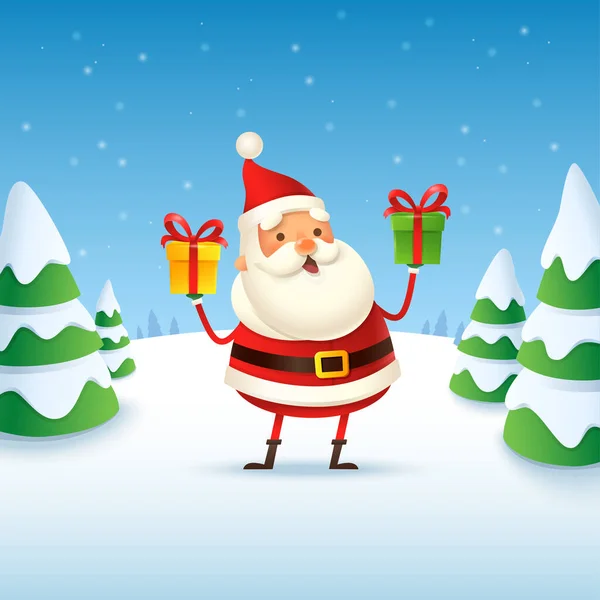 Милый Счастливый Санта Клаус Векторная Иллюстрация Зимнего Пейзажа — стоковый вектор