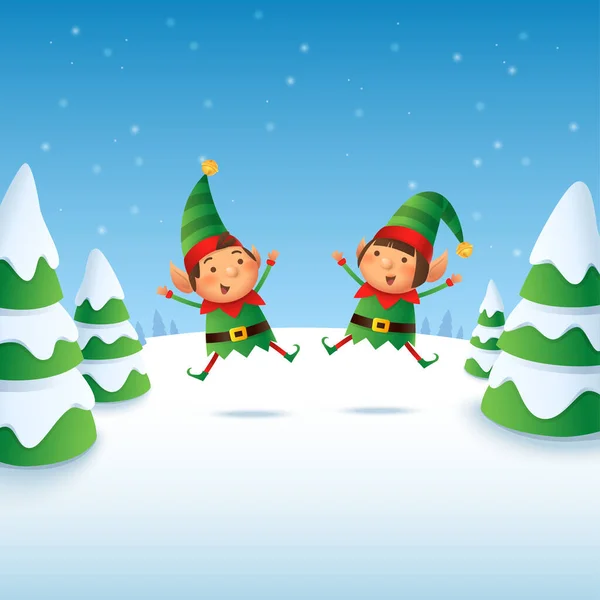Niedliche Und Glückliche Elfen Mädchen Und Junge Feiern Weihnachten Vektor — Stockvektor