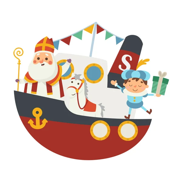 Happy Saint Nicholas Sinterklaas Vrienden Komen Naar Stad Boot Vectorillustratie Stockillustratie