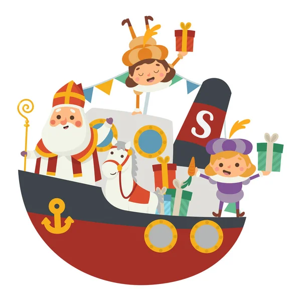 Happy Saint Nicholas Sinterklaas Vrienden Komen Naar Stad Boot Vectorillustratie Rechtenvrije Stockillustraties