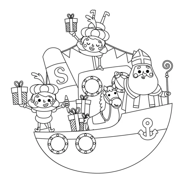Happy Saint Nicholas Sinterklaas Vrienden Stoomboot Kleurboek Template Vector Illustratie Rechtenvrije Stockvectors