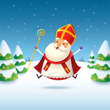 Sinterklaas veya Aziz Niklas kış tatilini kutlar - kış manzarası çizimi