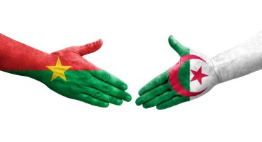 Cezayir ve Burkina Faso bayrakları arasındaki tokalaşma elleri boyalı, izole şeffaf görüntü.