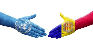 Handshake between Andorra and United Nations flags painted on hands, isolated transparent image. clipart