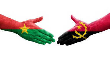 Angola ve Burkina Faso bayrakları arasındaki tokalaşma elleri boyalı, izole şeffaf görüntü.