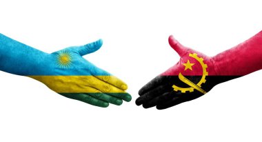 Angola ve Ruanda bayrakları arasındaki el sıkışma ellerinde resmedilmiş şeffaf görüntü.