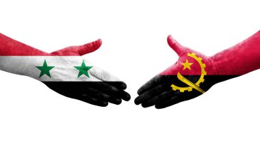 Angola ve Suriye bayrakları arasındaki el sıkışma, izole şeffaf görüntü.