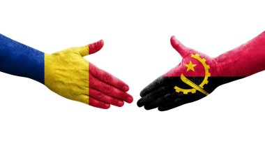 Angola ve Romanya bayrakları arasındaki el sıkışma, izole şeffaf görüntü.