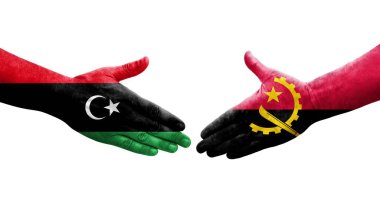 Angola ve Libya bayrakları arasındaki el sıkışma, izole edilmiş şeffaf görüntü.