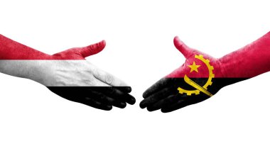 Angola ve Yemen bayrakları arasındaki el sıkışma ellerinde resmedilmiş şeffaf bir görüntü.