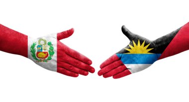 Antigua ve Barbuda ve Peru bayrakları arasındaki el sıkışma, izole şeffaf görüntü.