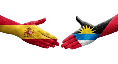 Antigua, Barbuda ve İspanya bayrakları arasındaki el sıkışma, izole şeffaf görüntü.