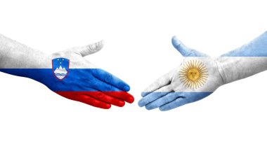 Ellerinde Arjantin ve Slovenya bayrakları arasında el sıkışma, izole şeffaf görüntü.
