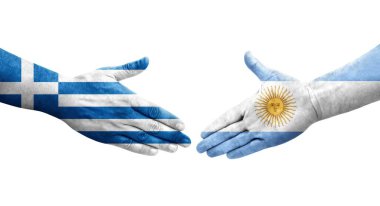 Ellerinde Arjantin ve Yunanistan bayrakları arasında el sıkışma, izole şeffaf görüntü.
