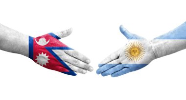 Ellerinde Arjantin ve Nepal bayrakları arasında el sıkışma, izole şeffaf görüntü.