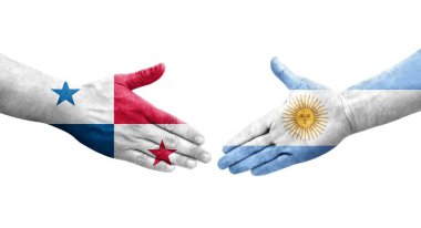 Ellerinde Arjantin ve Panama bayrakları arasında el sıkışma, izole şeffaf görüntü.
