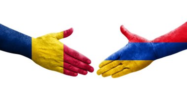 Ellerinde Ermenistan ve Çad bayrakları arasında el sıkışma, izole şeffaf görüntü.