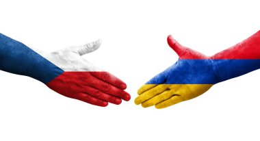 Ellerinde Ermenistan ve Çek bayrakları arasında el sıkışma, izole şeffaf görüntü.