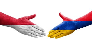 Ellerinde Ermenistan ve Monako bayrakları arasında el sıkışma, izole şeffaf görüntü.