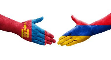 Ellerinde Ermenistan ve Moğolistan bayrakları arasında el sıkışma, izole şeffaf görüntü.