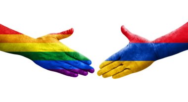 Ellerinde Ermenistan ve LGBT bayrakları arasında el sıkışma, izole saydam resim.