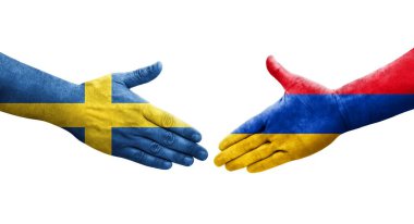 Ellerinde Ermenistan ve İsveç bayrakları arasında el sıkışma, izole şeffaf görüntü.