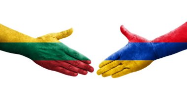 Ellerinde Ermenistan ve Litvanya bayrakları arasında el sıkışma, izole şeffaf görüntü.