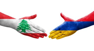 Ellerinde Ermenistan ve Lübnan bayrakları arasında el sıkışma, izole şeffaf görüntü.