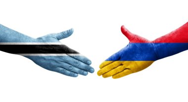 Ellerinde Ermenistan ve Botsvana bayrakları arasında el sıkışma, izole şeffaf görüntü.