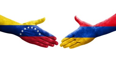 Ellerinde Ermenistan ve Venezuela bayrakları arasında el sıkışma, izole şeffaf görüntü.