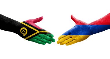 Ellerinde Ermenistan ve Vanuatu bayrakları arasında el sıkışma, izole şeffaf görüntü.